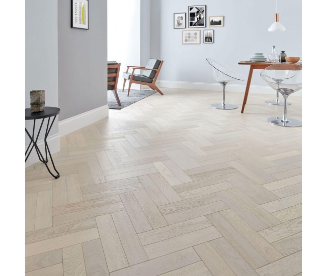 White Brushed Oak Herringbone Classic Engineered Wood Flooring 18mm x 125mm Brushed Lacquered