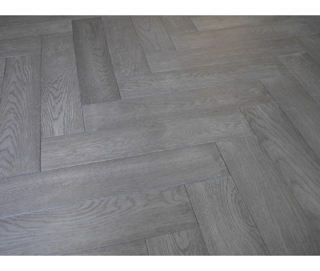 Gunmetal Grey European Classic Oak Herringbone 18mm x 125mm Brushed Matt Lacquered