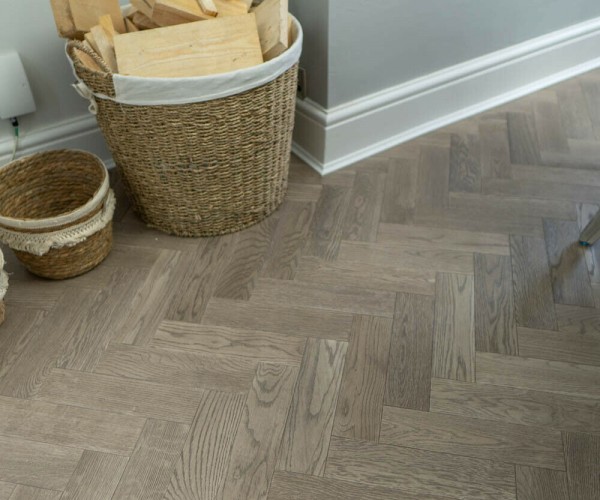 Gunmetal Grey Classic Oak Herringbone Engineered Wood Flooring 18mm x 80mm Brushed Matt Lacquered