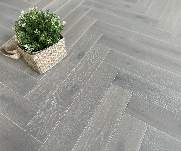 Scarborough Grey Classic Grade Oak Herringbone Engineered Wood Flooring 15mm x 90mm Brushed UV Oiled