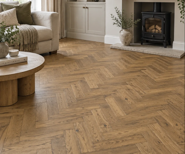 Cognac Oak Engineered Herringbone 10mm x 80mm Brushed Lacquered