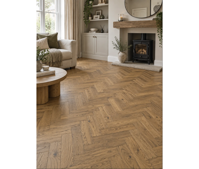 Cognac Oak Engineered Herringbone 10mm x 80mm Brushed Lacquered