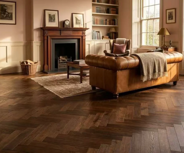 Faux Walnut Engineered Herringbone 10mm x 80mm Brushed Lacquered