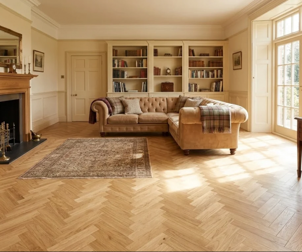 Natural Oak Engineered Herringbone 10mm x 80mm Brushed Lacquered