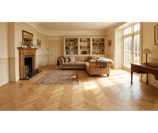 Natural Oak Engineered Herringbone 10mm x 80mm Brushed Lacquered